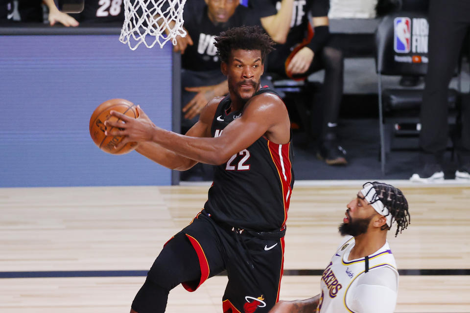 Jimmy Butler #22 of the Miami Heat handles the ball during the first half against the Los Angeles Lakers in Game Three of the 2020 NBA Finals 