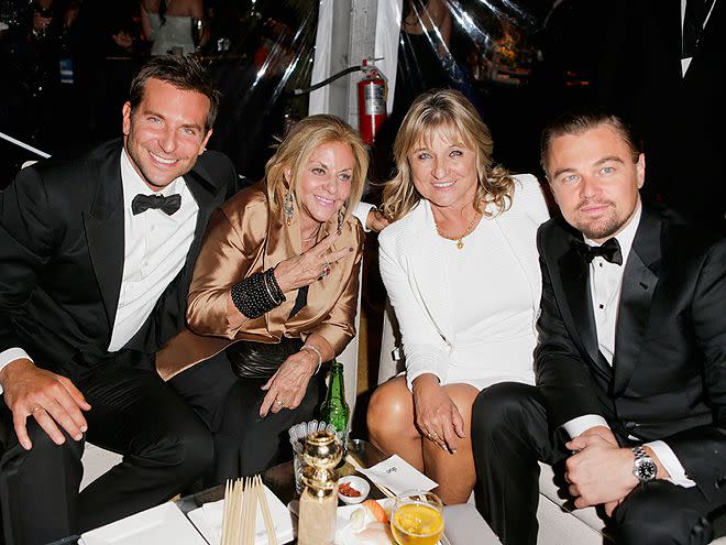 Bradley Cooper, mother Gloria Campano, (R) Actor Leonardo DiCaprio, and (2nd-R) mother Irmelin Indenbirken attend The Weinstein Company & Netflix's 2014 Golden Globes After Party