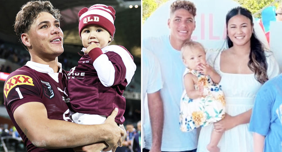 Reece Walsh with daughter Leila and ex-partner Freda Puru.