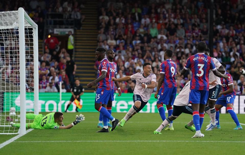 Arsenal’s Gabriel Martinelli celebrates scoring the first goal of the 2022-23 Premier League campaign (Adam Davy/PA) (PA Wire)