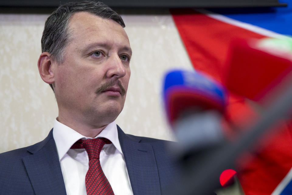 FILE - Igor Girkin, also know as Igor Strelkov, the former military chief for Russia-backed separatists in eastern Ukraine, holds a news conference in Moscow, Thursday, Oct. 30, 2014. Strelkov, a high-profile Russian hard-line official who harshly criticized President Vladimir Putin over fighting in Ukraine was detained Friday, July 21, 2023 on charges of extremism, a signal the Kremlin has toughened its approach to hawkish critics after last month's abortive mutiny by the Wagner mercenary company. (AP Photo/Pavel Golovkin, File)