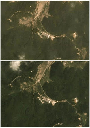 A combination of two satellite images taken on June 22, 2018 (top) and July 22, 2018 show activity at the Sohae rocket launch site in North Korea. Planet Labs Inc/Handout via REUTERS