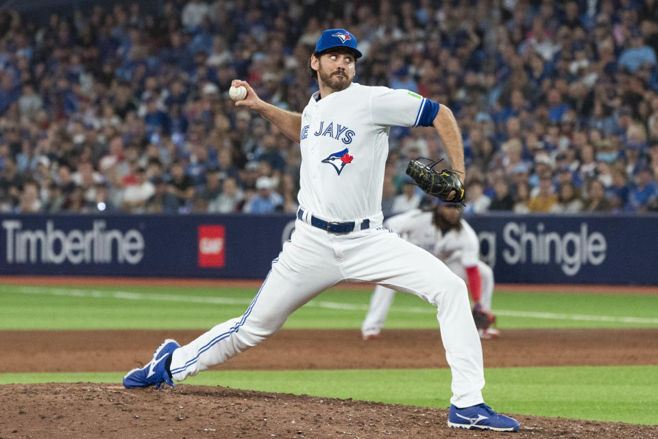 Toronto Blue Jays relief pitcher Jordan Romano works against the Philadelphia Phillies during the ninth inning of a baseball game Tuesday, Aug. 15, 2023, in Toronto. (Nathan Denette/The Canadian Press via AP)