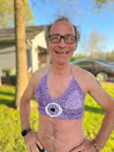PHOTO: An Arkansas-based crochet artist and content creator Emily Beaver's father, Jeff Beaver, has been winning the internet by modeling her crochet crop tops and more looks. (Courtesy of Emily Beaver)
