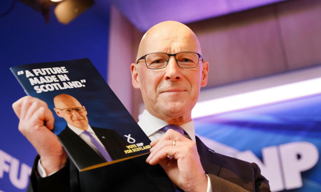 <span>‘People need to have their eyes wide open’: John Swinney at the SNP’s manifesto launch in Edinburgh. </span><span>Photograph: Murdo MacLeod/The Guardian</span>