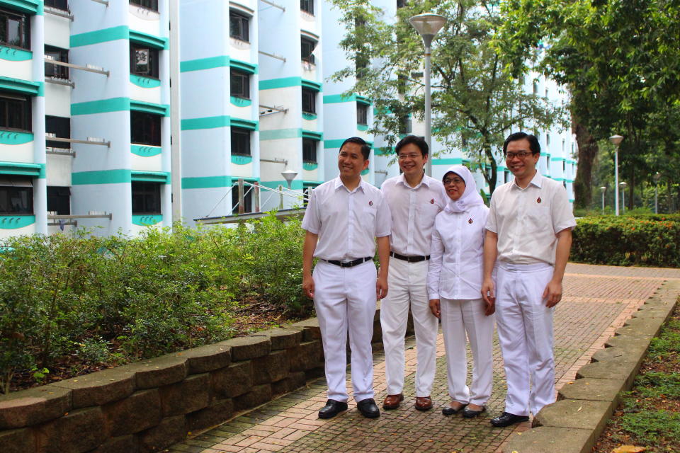 A 2015 photograph of Marsiling-Yew Tee GRC MPs (from left) Alex Yam, Lawrence Wong, Halimah Yacob, Ong Teng Koon. Halimah resigned as MP on 7 August in order to contest this year’s Presidential Election. (Yahoo News Singapore file photo)