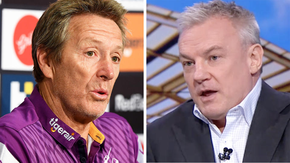 Craig Bellamy was at the centre of an extraordinary broadside launched by NRL reporter Paul Kent over his handling of a high shot from Storm star Felise Kaufusi. Pictures: Getty Images/Fox League