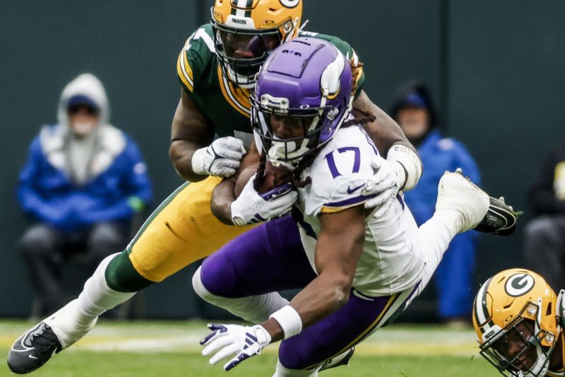 Minnesota Vikings wide receiver K.J. Osborn (R) sustained a head injury during a win over the Atlanta Falcons on Sunday in Atlanta. File Photo by Tannen Maury/UPI