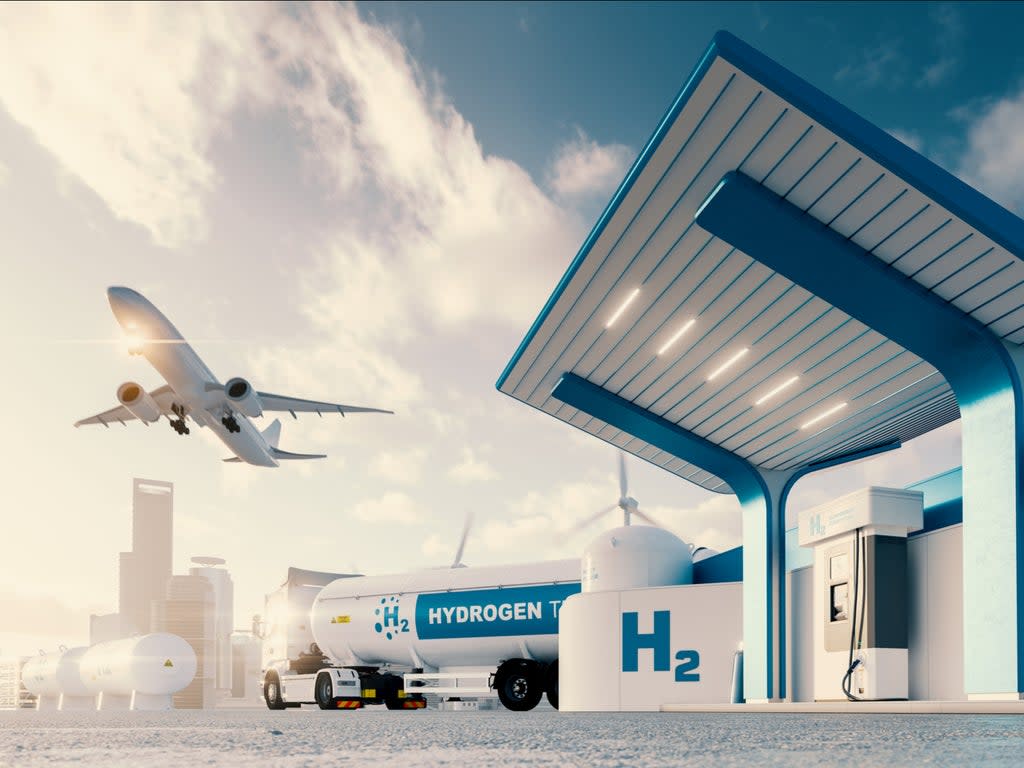 Hydrogen gas station with lorry and aeroplane  (Getty )