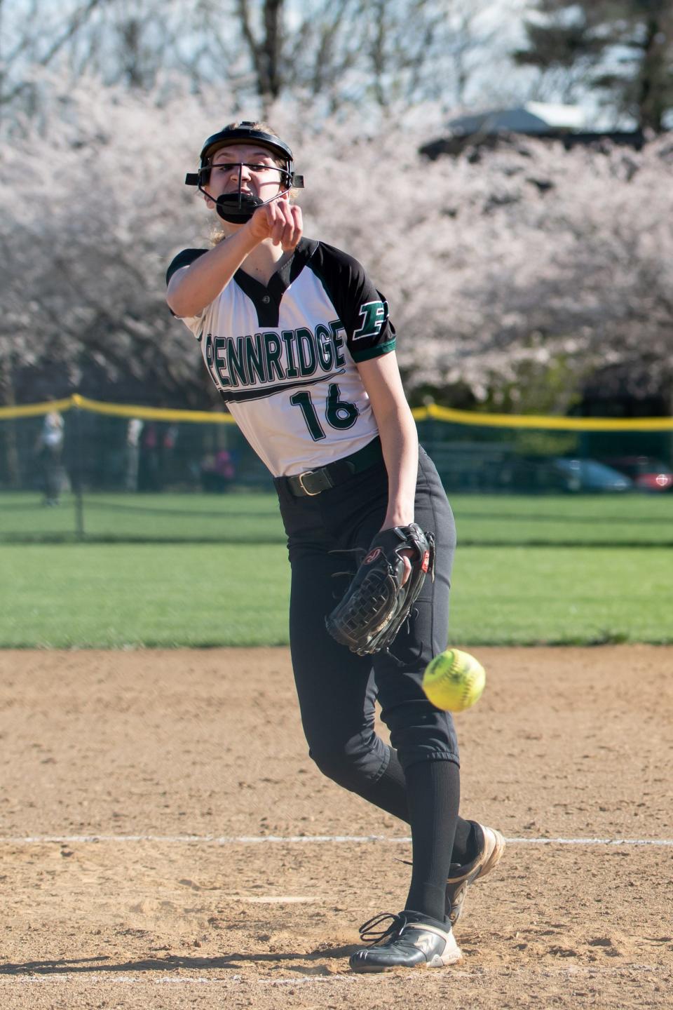 Pennridge's Averi Dockery pitches during a softball game against Central Bucks West, on Tuesday, April 12, 2022, at Central Bucks High School West in Doyletown Borough. The Rams shutout the Bucks 2-0.