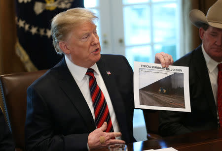 U.S. President Donald Trump holds up a photo of a "Typical Standard Wall Design" as he hosts a "roundtable discussion on border security and safe communities" with state, local, and community leaders in the Cabinet Room of the White House in Washington, U.S., January 11, 2019. REUTERS/Leah Millis