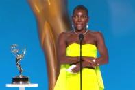 <p>Michaela Coel won outstanding writing for a limited or anthology series or movie for her HBO show <em>I May Destroy You</em>, and destroyed us with her powerful acceptance speech.</p> <p>"Okay, thank you so much. I just wrote a little something for writers," she began after accepting her award. "Write the tale that scares you, that makes you feel uncertain that isn't comfortable. I dare you."</p> <p>"In a world that entices us to browse through the lives of others to help us better determine how we feel about ourselves and to in turn feel the need to be constantly visible," she continued. "Visibility these days seems to somehow equate to success. Don't be afraid to disappear from it, from us, for a while, and see what comes to you in the silence."</p> <p>She added, "I dedicate this story to every single survivor of sexual assaults. Thank you."</p>