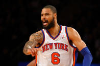 NEW YORK, NY - FEBRUARY 10: Tyson Chandler #6 of the New York Knicks reacts in the second quarter against the Los Angeles Lakers at Madison Square Garden on February 10, 2012 in New York City.