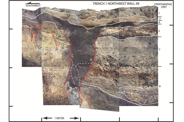 Photo-mosaic of the northwest wall of a trench across the San Andreas Fault in Mill Canyon near Watsonville, Calif. The photo shows contacts between layers of sediment (white lines) and fault traces (red lines). The dominant, dark gray colored