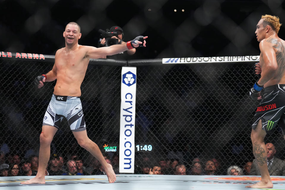 LAS VEGAS, NEVADA - SEPTEMBER 10: Nate Diaz taunts Tony Ferguson in a welterweight fight during the UFC 279 event at T-Mobile Arena on September 10, 2022 in Las Vegas, Nevada. (Photo by Chris Unger/Zuffa LLC)