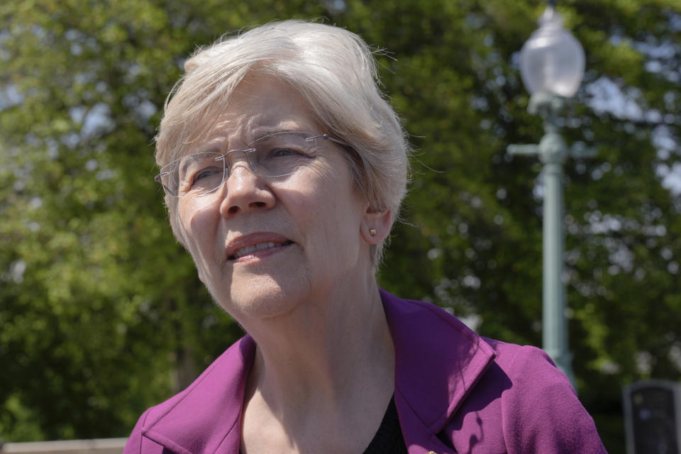 FILE - Sen. Elizabeth Warren D-Mass., speaks to reporters outside the U.S. Capitol, April 23, 2024, in Washington. Consumer groups are praising the Supreme Court's rejection of a conservative-led attack that could've undermined the Consumer Financial Protection Bureau. The justices ruled Thursday the way the bureau is funded does not violate the Constitution. The bureau was the brainchild of Democratic Sen. Elizabeth Warren of Massachusetts and was created after the 2008 financial crisis to regulate consumer finance including mortgages and car loans. (AP Photo/Mariam Zuhaib, File)