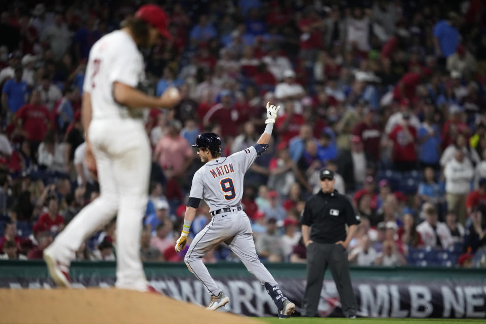 Detroit Tigers' Nick Maton, center, reacts as he rounds the bases after hitting a three-run home run against Philadelphia Phillies pitcher Aaron Nola, left, during the seventh inning of a baseball game, Monday, June 5, 2023, in Philadelphia. (AP Photo/Matt Slocum)