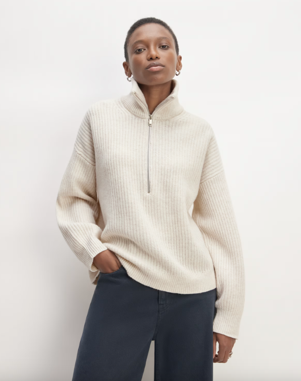 The Felted Merino Half-Zip Sweater in Heathered Oat (photo via Everlane)