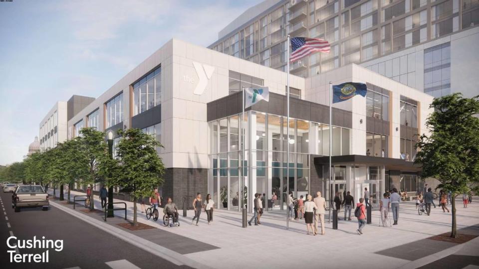 This rendering shows the front entrance of the proposed new downtown Boise YMCA. 10th Street can be seen on the left of this rendering while State Street is just out of view on the right. Cushing Terrell