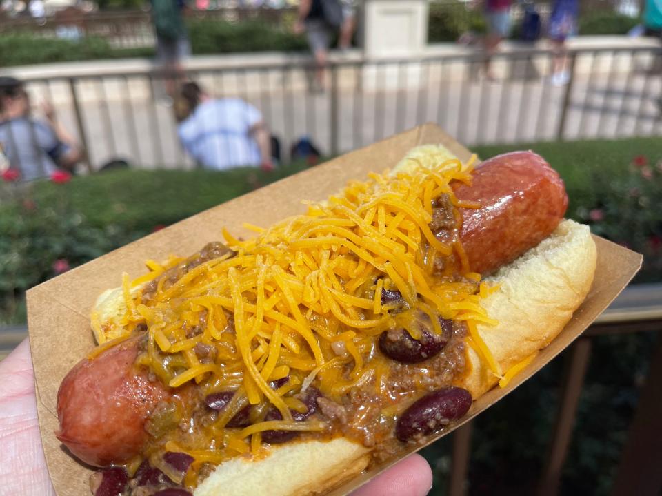 chili cheese hotdog at walt disney world 50th anniversary