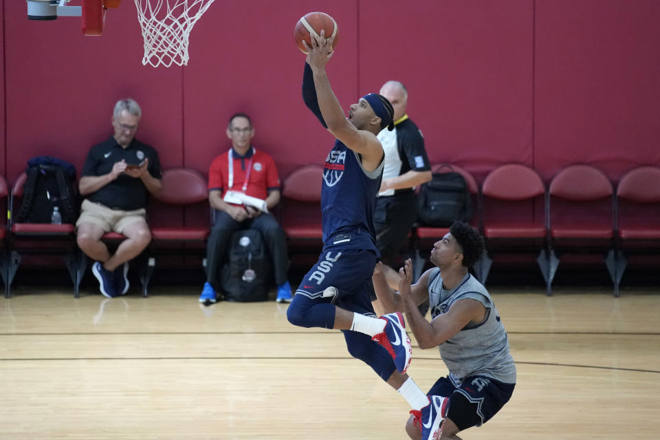 Josh Hart of the New York Knicks shoots during training camp for the United States men's basketball team Friday, Aug. 4, 2023, in Las Vegas. (AP Photo/John Locher)