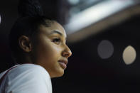 Southern California guard JuJu Watkins stands during the first half of an NCAA college basketball game against Cal Poly, Tuesday, Nov. 28, 2023, in Los Angeles. (AP Photo/Ryan Sun)