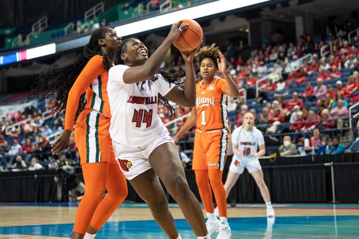 Louisville forward Olivia Cochran shoots the ball during the first half of the quarter finals in the ACC Women’s Basketball Tournament against the University of Miami on Mar. 4, 2022. The tournament is in its third day at the Greensboro Coliseum as the both teams look to advance to the semi finals tomorrow. (photo by Luke Johnson)