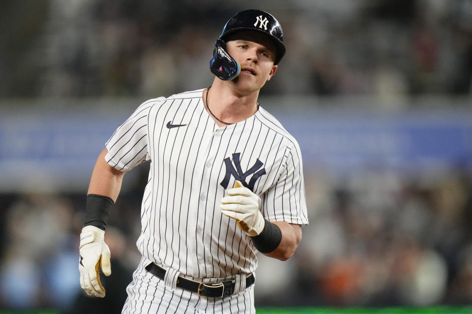 New York Yankees' Jake Bauers rounds the bases after hitting a three-run home run in the first inning of a baseball game against the Toronto Blue Jays, Thursday, Sept. 21, 2023, in New York. (AP Photo/Frank Franklin II)