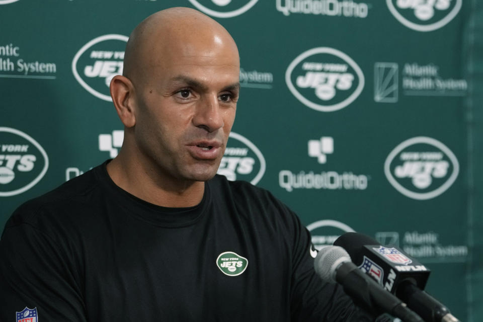 New York Jets head coach Robert Saleh speaks during a post-game news conference following an NFL football game, Sunday, Jan. 8, 2023, in Miami Gardens, Fla. The Dolphins defeated the Jets 11-6. (AP Photo/Lynne Sladky)