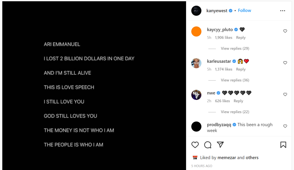 Instagram unlocked Kanye West’s account this week as the rapper took to posting on his preferred social media platform late Wednesday night, where he seemed to address the fallout with Adidas and Gap in screenshot text messages (Instagram/Kanye West)