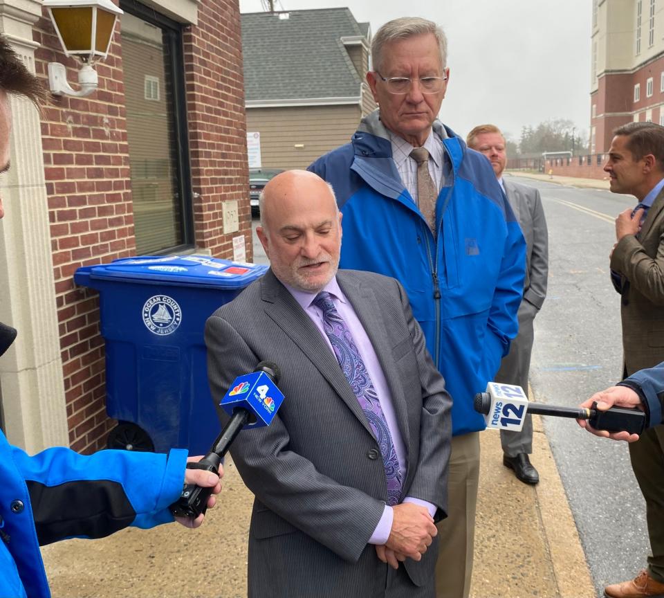 Manasquan Board of Education attorney Michael Gross (left) and Manasquan Superintendent Dr. Frank Kaysan address reporters outside the Ocean County Courthouse in Toms River on March 7, 2024.