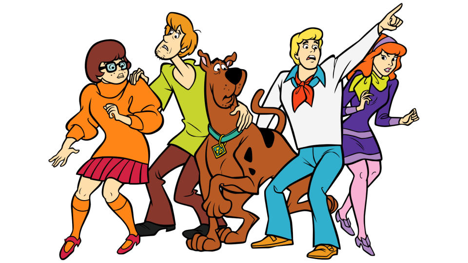 The Mystery Inc. gang: Velma, Shaggy, Scooby-Doo, Fred and Daphne (L-R)