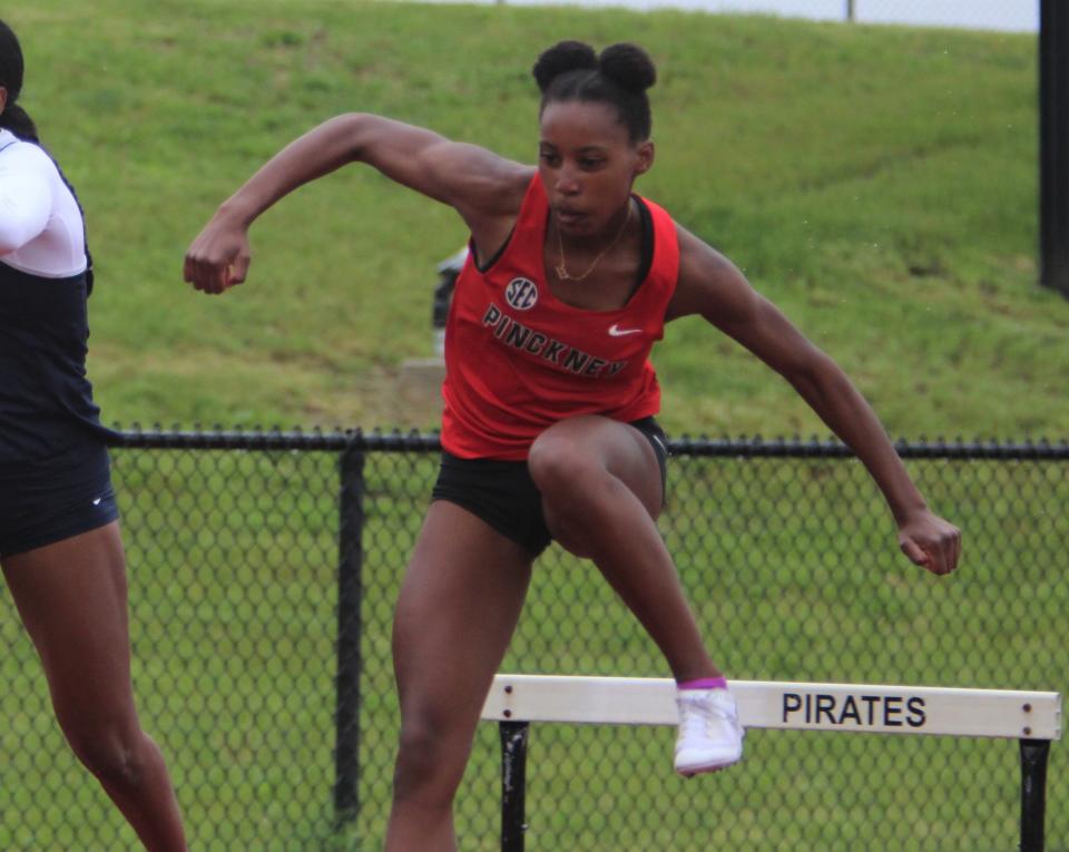 Pinckney freshman Davea Crowe won the 300-meter hurdles in 46.15 seconds during the SEC White track and field meet Thursday, May 9, 2024 at Pinckney.