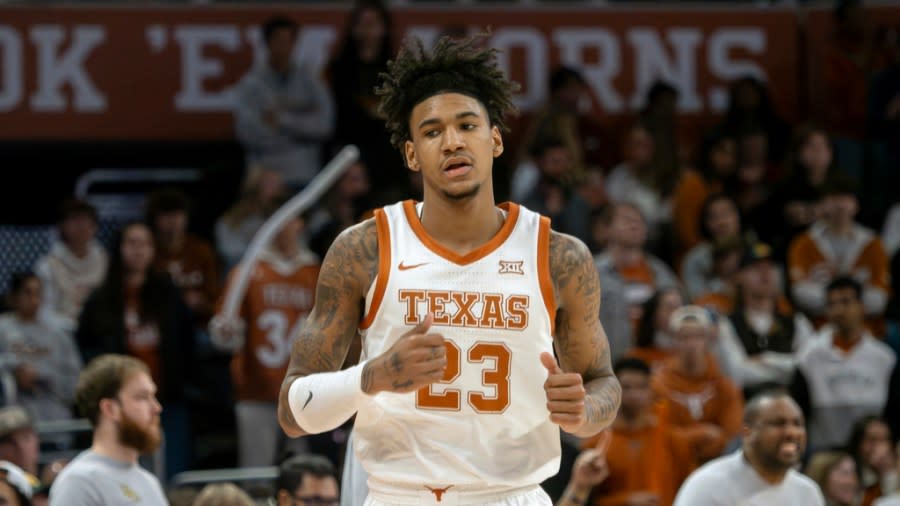 Texas forward Dillon Mitchell plays during the second half of an NCAA college basketball game against Baylor, Saturday, Jan. 20, 2024, in Austin, Texas. Texas won 75-73. (AP Photo/Michael Thomas)