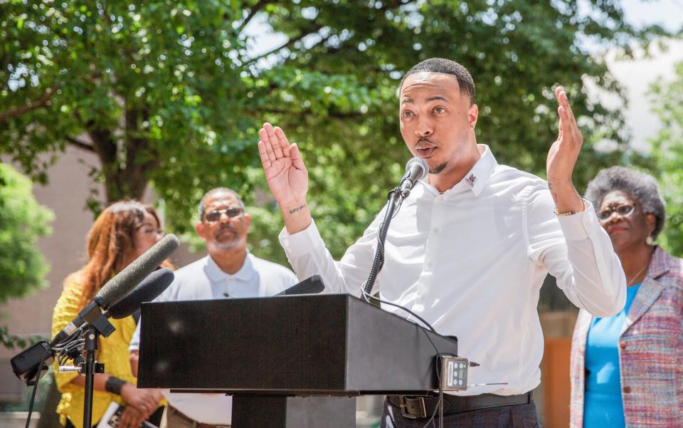 Aaron Jordan, CEO of Black Complex Louisville, speaks at a press conference in Louisville, Ky on May 10, 2022. The press conference was held to annouce the four-day celebration that will take place for Juneteenth next month.