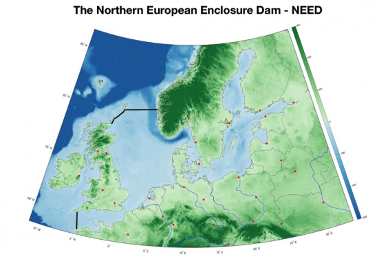 The Northern European Enclosure Dam would mean a 100-mile dam between Cornwall and Brittany and a 300-mile dam between northeast Scotland and west Norway (Sjoerd Groeskamp / NIOZ)