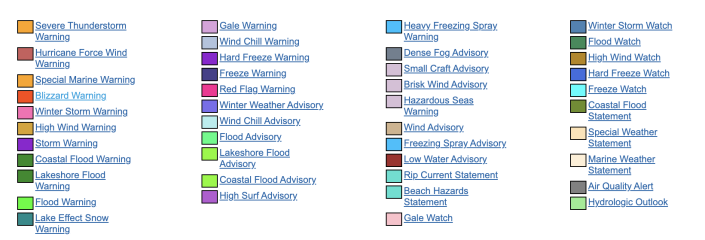 A forecast map showing winter weather advisories. (National Weather Service)