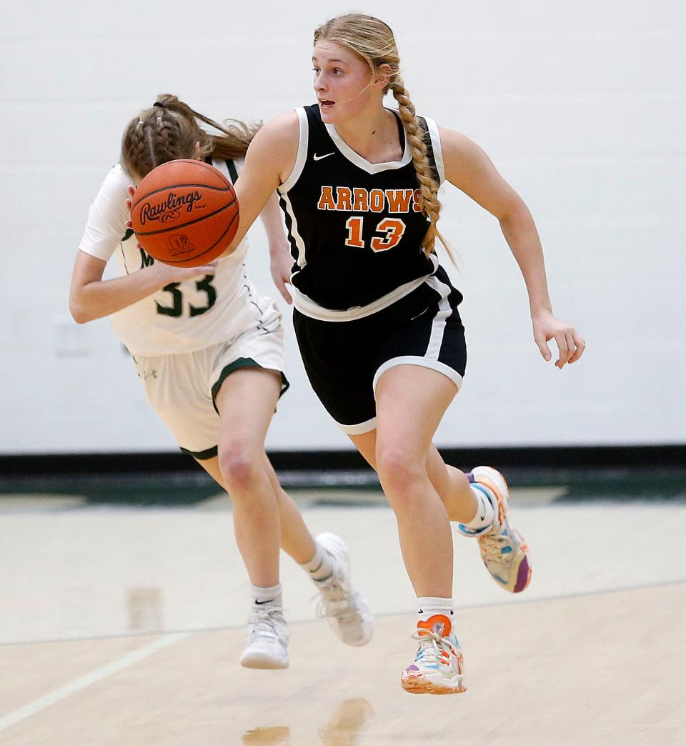 Ashland High School's Makaree Chapman (13) brings the ball down against Madison High School during high school girls basketball at Madison on Thursday, Jan. 12, 2023. TOM E. PUSKAR/ASHLAND TIMES-GAZETTE