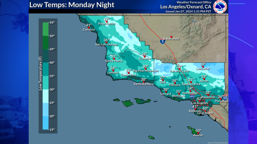 Monday night's low temperatures are seen in a map provided by the National Weather Service.