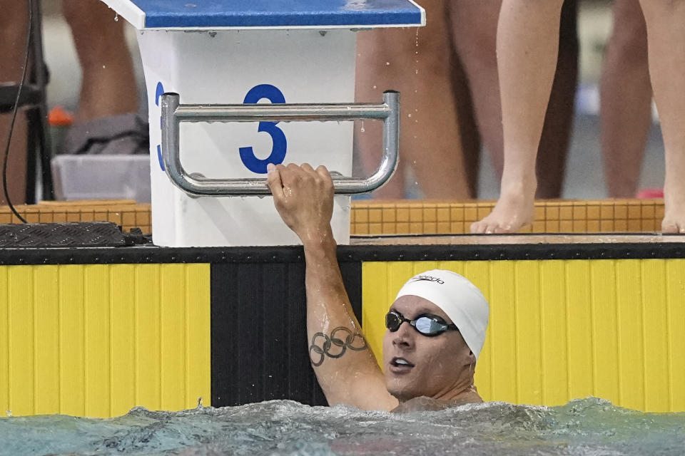 FILE - Caeleb Dressel looks up after swimming the men's 100 butterfly during the Speedo Atlanta Classic finals Friday, May 12, 2023, in Atlanta. Dressel finished 29th in the 100-meter freestyle at the U.S. nationals on Tuesday, June 27, falling far short of qualifying for the world championships in an event he won at the Tokyo Olympics. (AP Photo/Brynn Anderson, File)