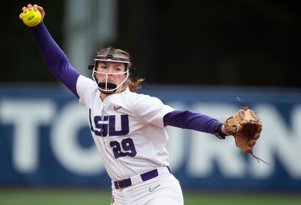 LSU Tigers pitcher Sydney Berzon (29) pitches during the SEC softball tournament at Jane B. Moore Field in Auburn, Ala., on Wednesday, May 8, 2024. LSU Tigers defeated Alabama Crimson Tide 3-2 in 14 innings.