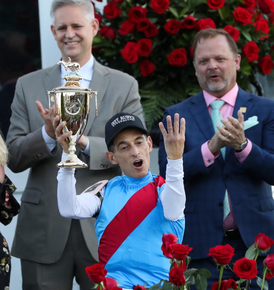 John Velazquez celebrated in the winner’s circle after winning the Kentucky Derby aboard Medina Spirit at Churchill Downs in Louisville, Ky. on May 1, 2021.  