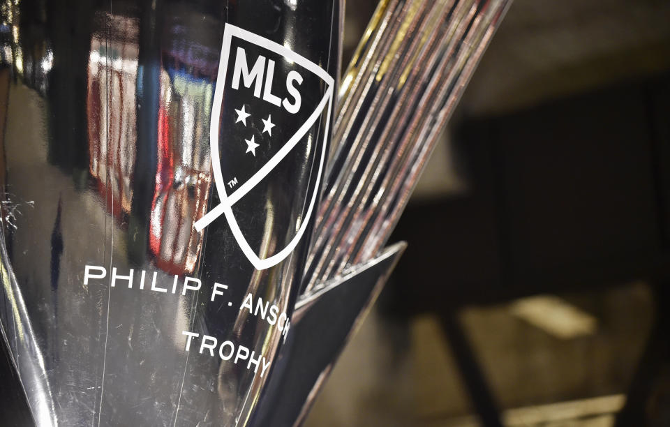 A replica of the Philip F. Anschultz trophy, awarded to the MLS Cup champion. (Getty)