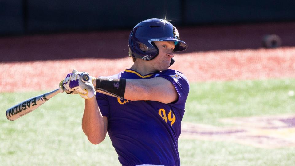 East Carolina's Alec Makarewicz (99) bats during an NCAA baseball game on Saturday, Feb. 19, 2022, in Greenville, N.C. (AP Photo/Ben McKeown)