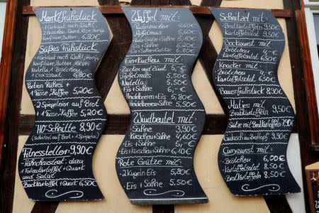 A menu list is pictured at a restaurant in Quedlinburg, Germany, May 4, 2019. Picture taken May 4, 2019. REUTERS/Fabrizio Bensch