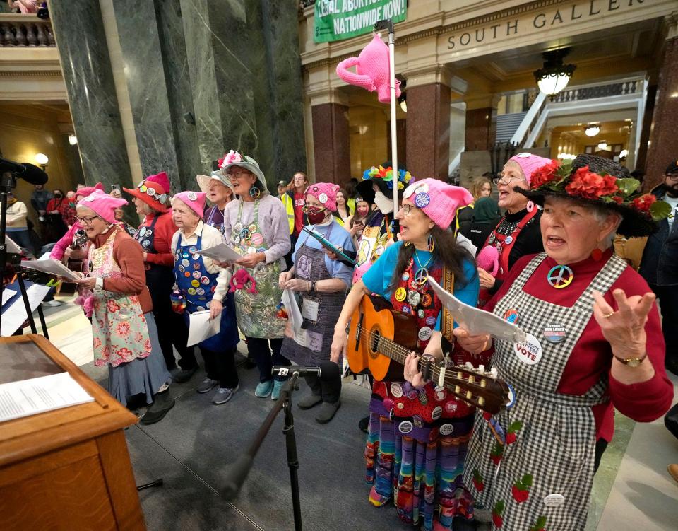 The Raging Grannies of Madison perform during the National Women’s March at the Capitol rotunda marking 50th anniversary of the Roe v. Wade decision, in Madison on Sunday, Jan. 22, 2023. Protesters demonstrated their opposition to last year’s landmark U.S. Supreme Court ruling that made Wisconsin the epicenter of a national battle over abortion access.