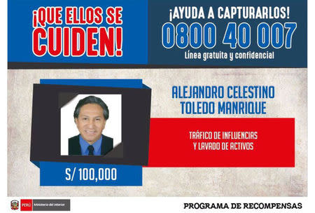 An international arrest warrant issued by Peru's Interior Ministry, offering 100,000 Peruvian soles ($31,000) for information on the whereabouts of former president Alejandro Toledo, is seen in Lima, Peru. Picture provided to Reuters on February 10, 2017. Peruvian Police/Handout via Reuters