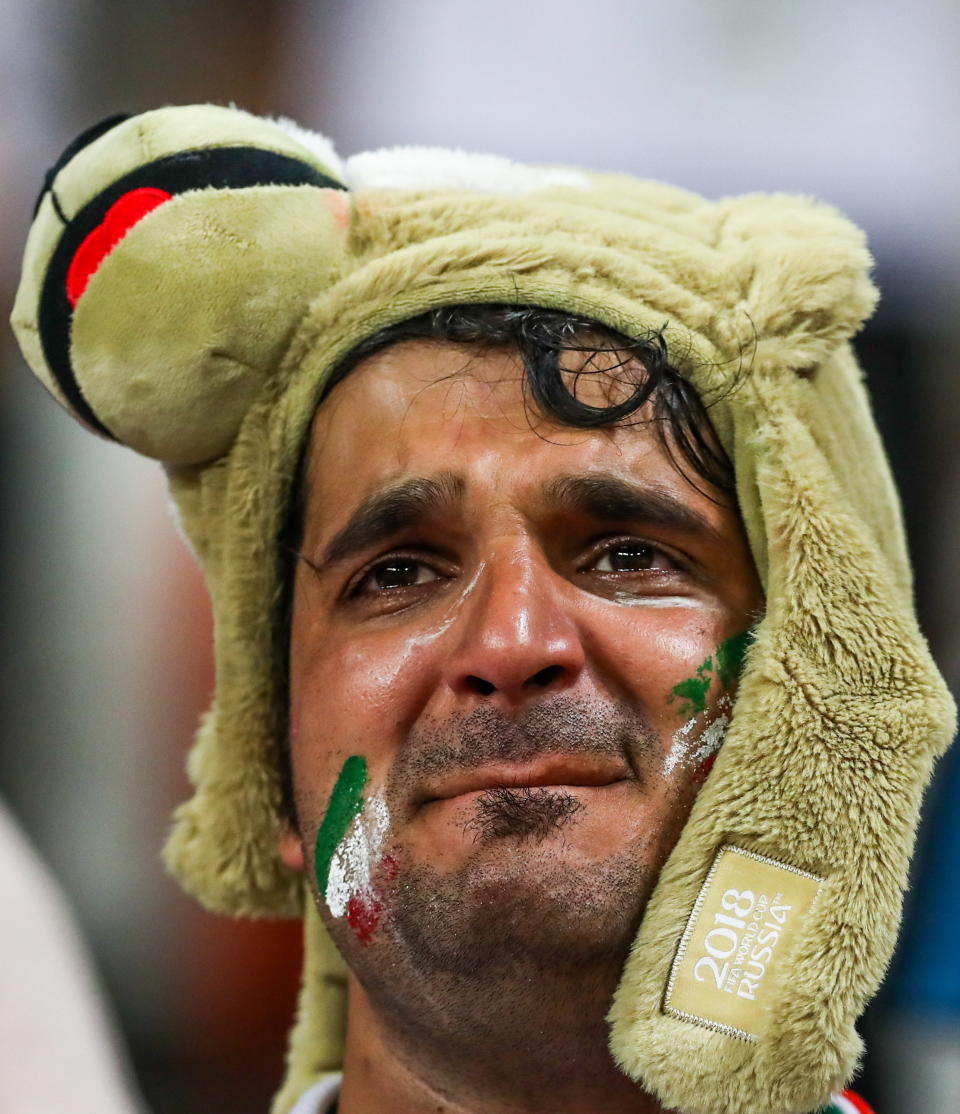 <p>Iran’s supporter reacts after their 2018 FIFA World Cup Group B football match against Portugal at Mordovia Arena Stadium. The game ended in a 1:1 draw. Stanislav Krasilnikov/TASS (Photo by Stanislav Krasilnikov\TASS via Getty Images) </p>