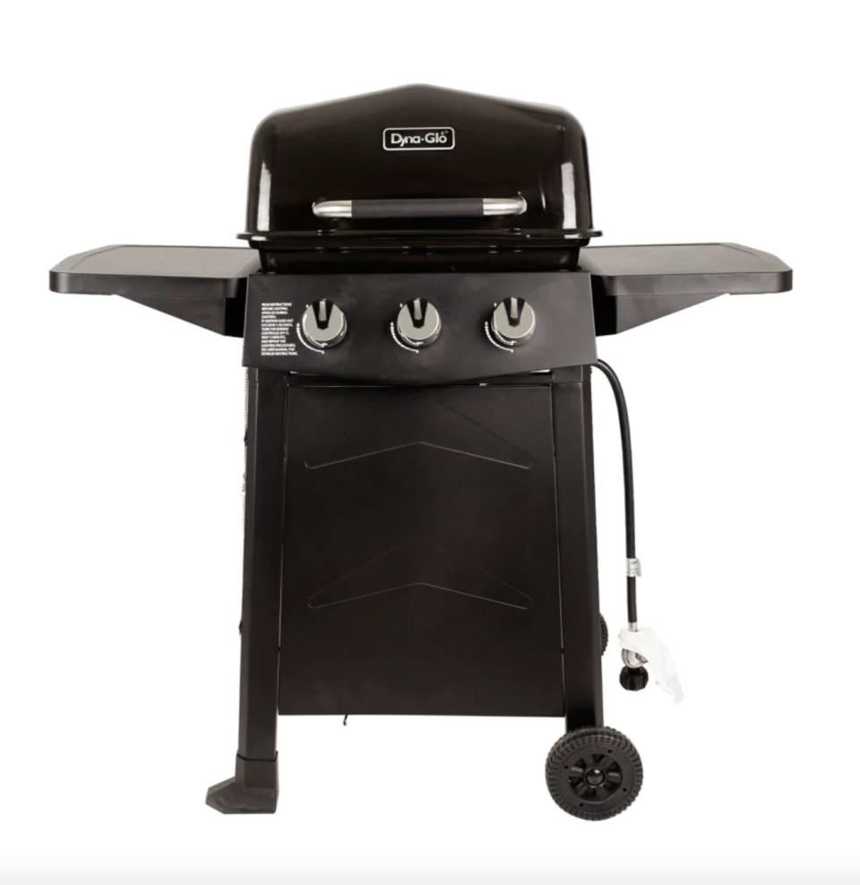 Dyna-Glo 3-Burner Propane Gas Grill with three burners and two side panels (Photo via The Home Depot)