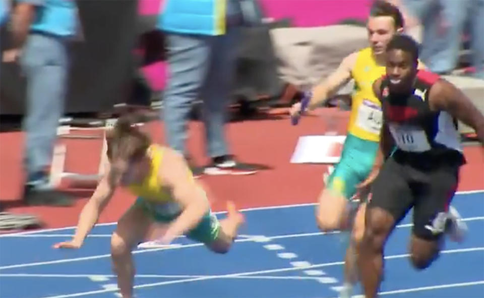 Rohan Browning, pictured here falling as he was receiving the baton from Jack Hale at the Commonwealth Games.